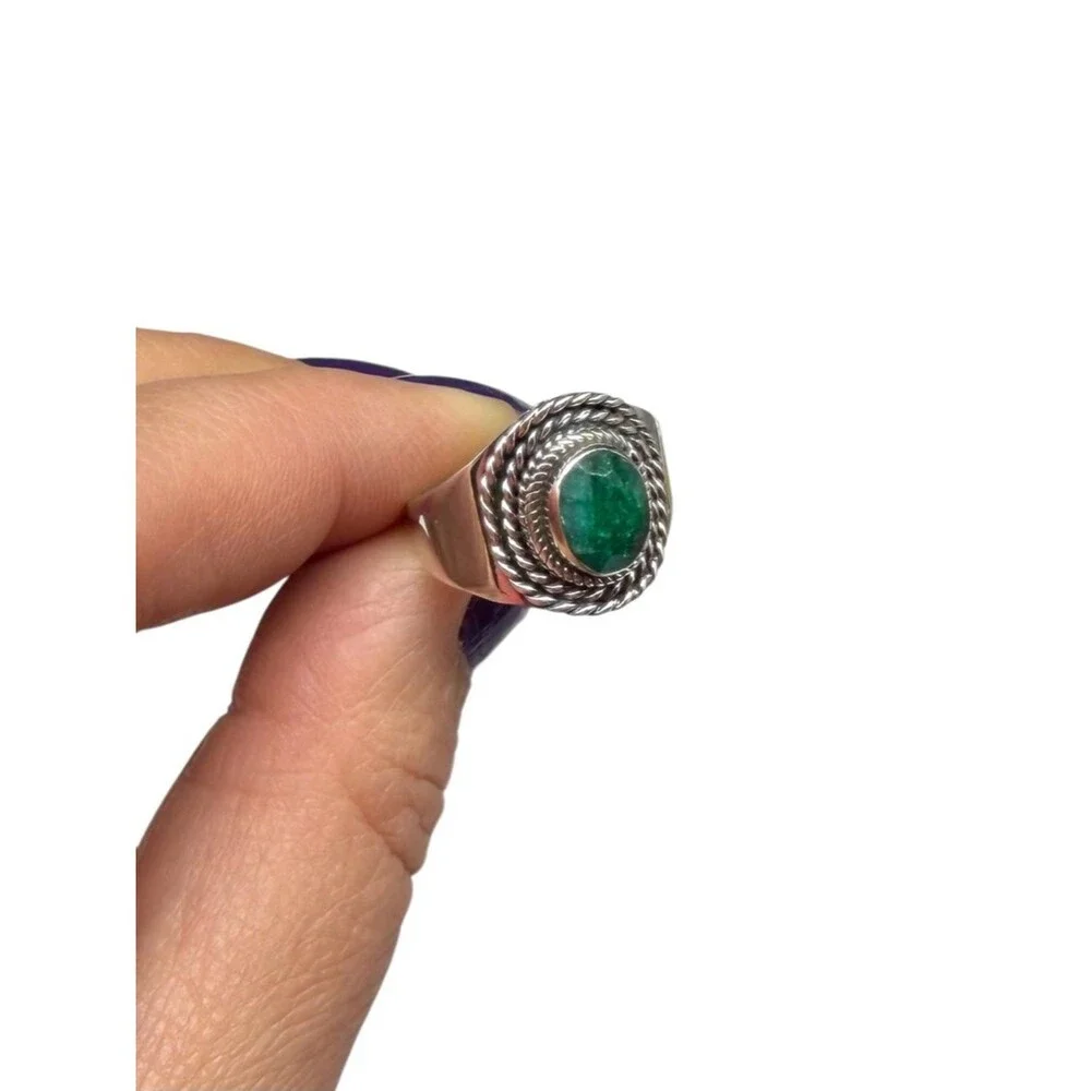 Emerald Ring Size 7.5 Solid 925 Sterling Silver Faceted Oval Natural Stone